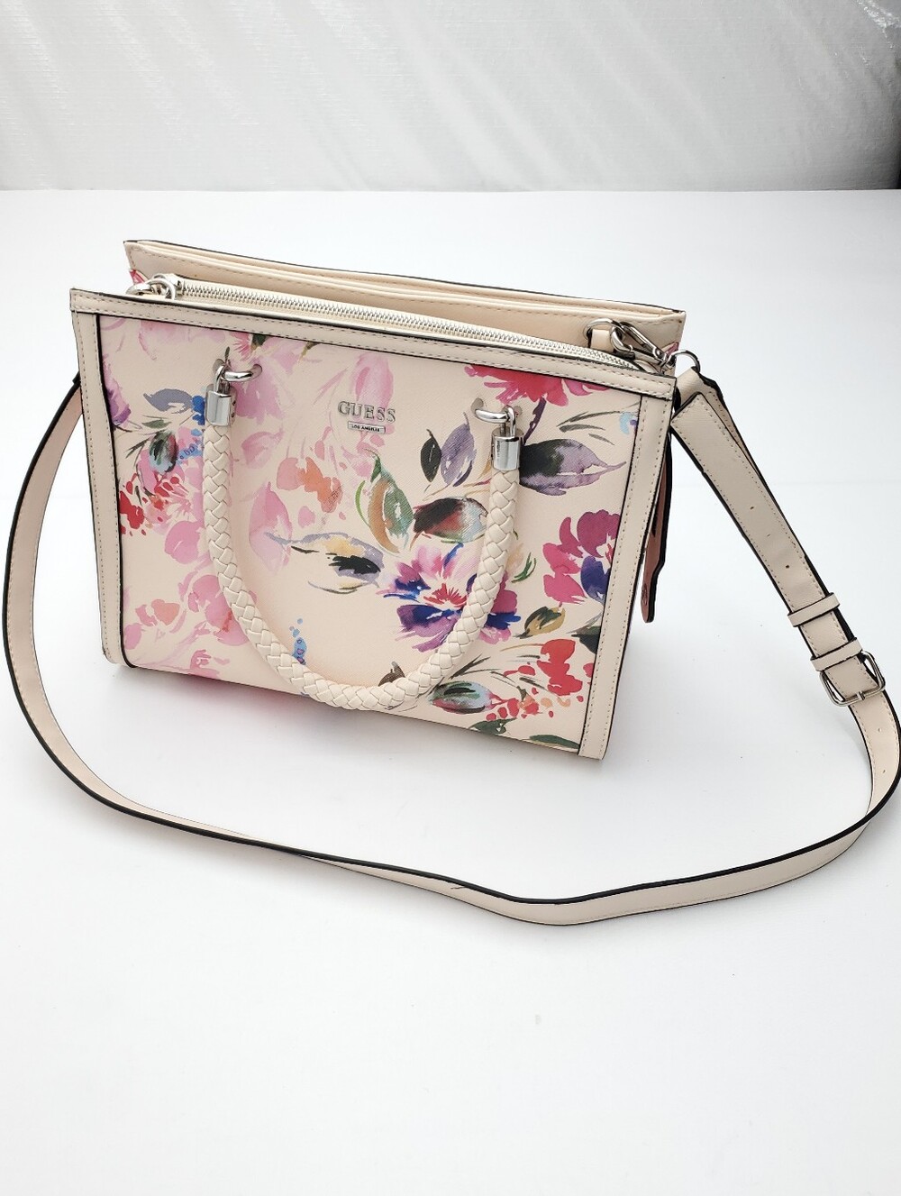 GUESS Blush Pink Berry Floral Print Satchel Handbag With Detachable Crossbody